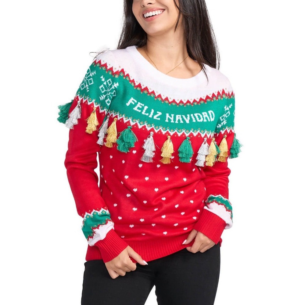 Tipsy Elves Feliz Navidad Tassel Christmas Sweater Red Green XL Womens NWT
